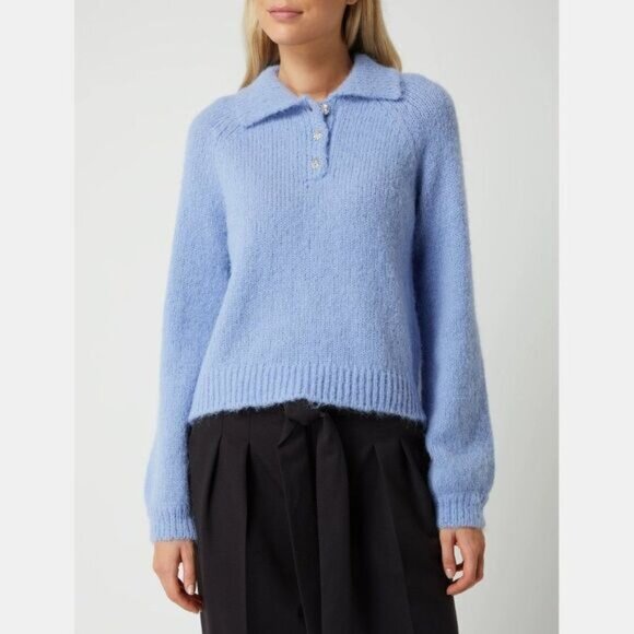 VERO MODA | Mabel Fuzzy Raglan Sleeve Sweater Blue w/ Rhinestone Buttons Sz L - Picture 1 of 15